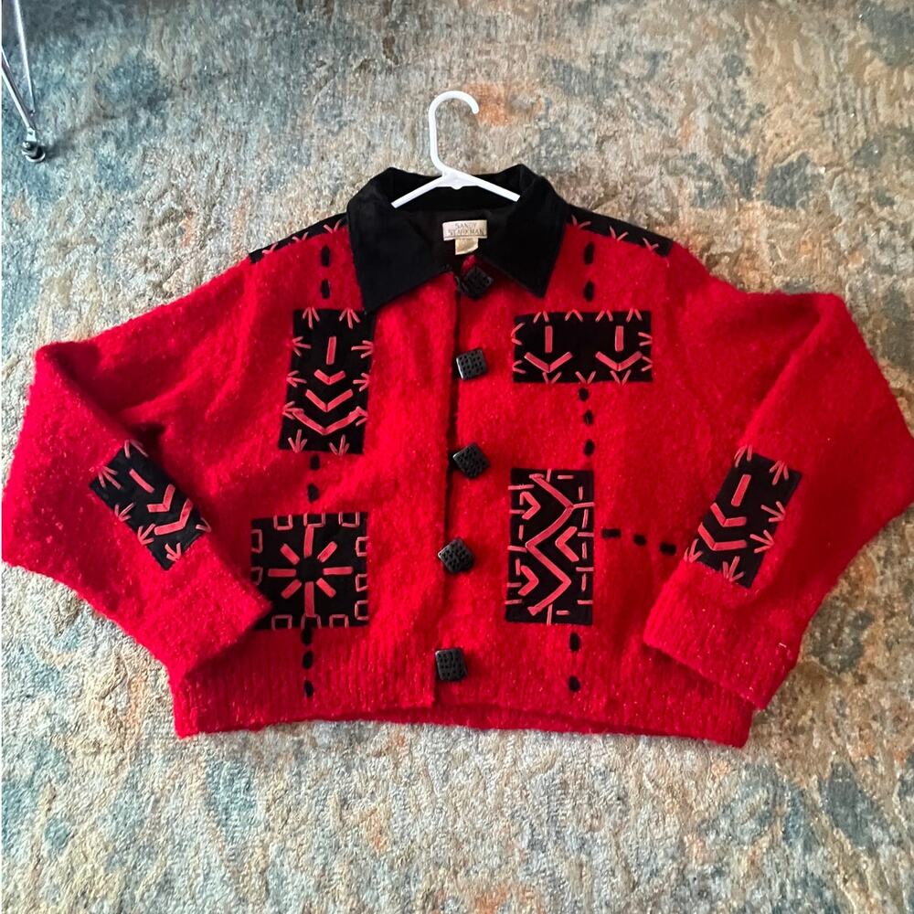 Vtg Sandy Starkman Red Black Appliqué Leather Art-to-Wear Sweater